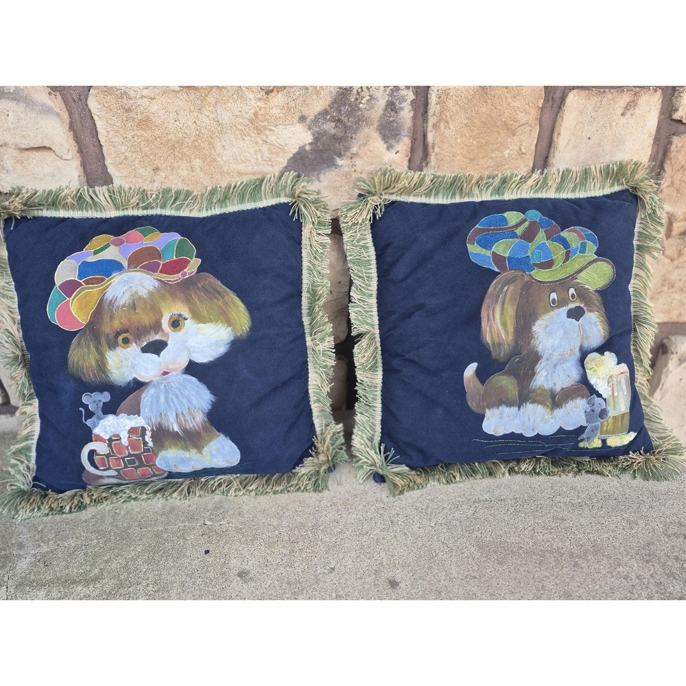 Large Vintage Hand Painted Beer Dog Throw‎ Pillow Set Boy Girl Pair Irish Gift